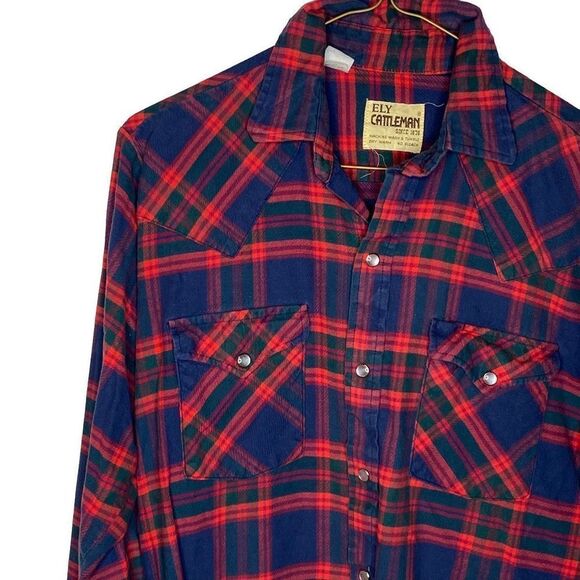 Ely Cattleman’s men’s M plaid flannel cotton button front western shirt red blue - Picture 2 of 7